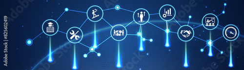 Apprenticeship vector illustration. Blue banner related to apprentice, intern or trainee mentoring program, job training or coaching, training on the job, vocational or practical learning
