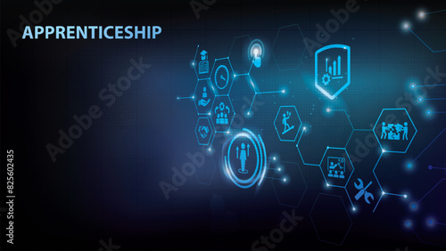 Apprenticeship vector illustration. Blue banner related to apprentice, intern or trainee mentoring program, job training or coaching, training on the job, vocational or practical learning