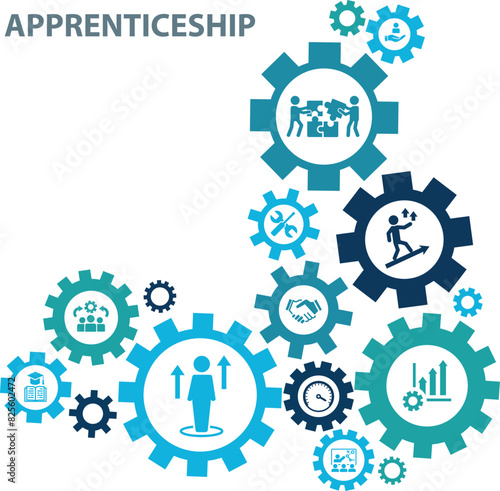 Apprenticeship vector illustration. Blue banner related to apprentice, intern or trainee mentoring program, job training or coaching, training on the job, vocational or practical learning