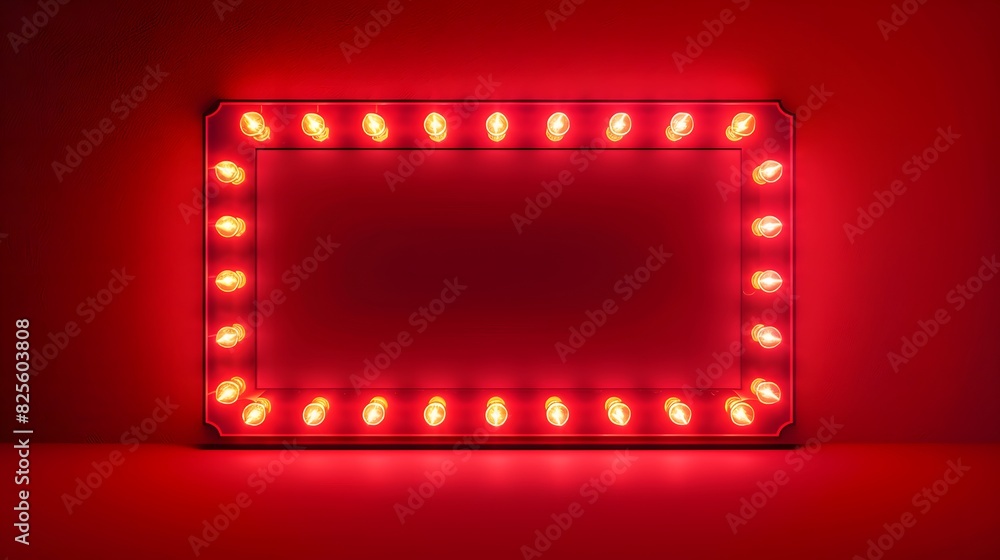 Vector realistic isolated red lightbox marquee frame with neon bulb lamps for template decoration on the wall background. Concept of cinema, theatre and premiere.