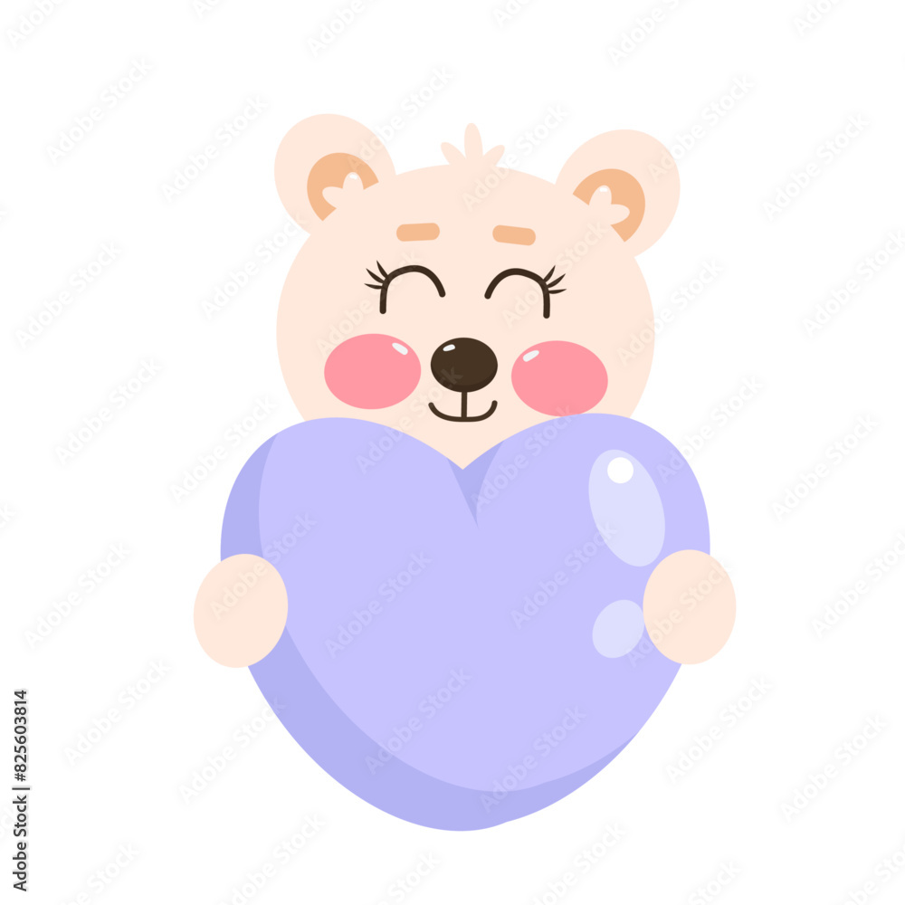 Obraz premium Cute sweet kawaii smiling white bear, northern bear animal holding a purple heart. Little animals in love. Illustration for baby, children, kids, girls, boys