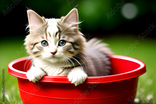 beautiful british long hair kitten in a basket photo