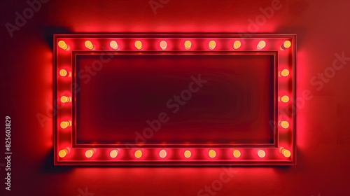 Vector realistic isolated red lightbox marquee frame with neon bulb lamps for template decoration on the wall background. Concept of cinema, theatre and premiere.