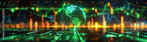 Holographic globe surrounded by green finance symbols, futuristic background with digital grid patterns, neon lighting, high-tech style, sharp focus