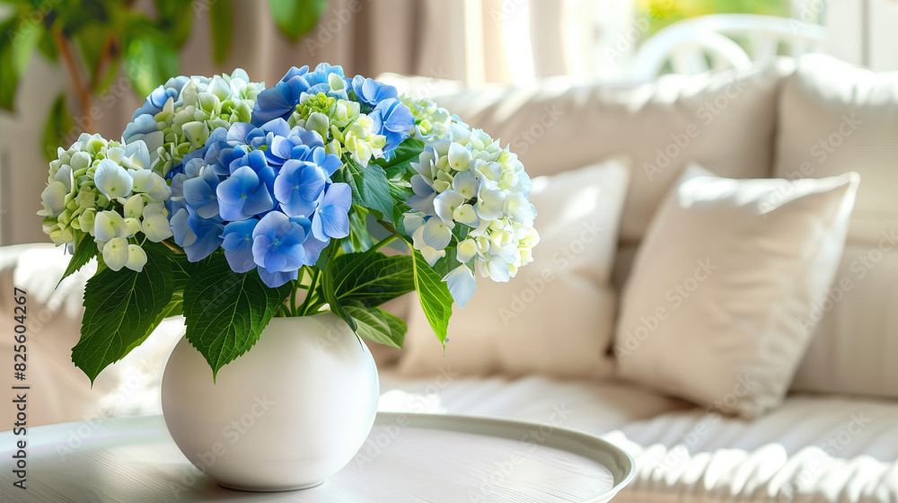Fototapeta premium Flowers as bouquet in vase at coffee table in living room interior