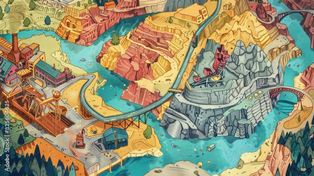 Illustration of a colorful map of a gold mining site Illustration of a colorful map of a gold mining site