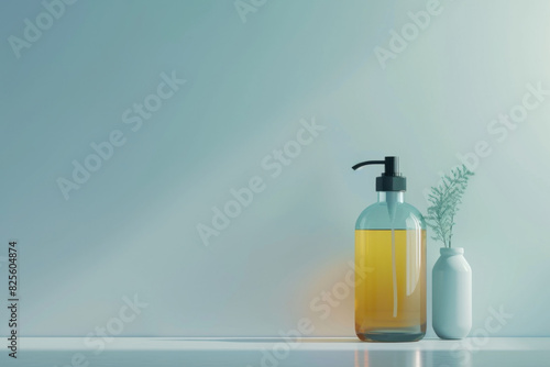  Aesthetic minimalist bathroom setup featuring a clear soap dispenser and a small green plant against a calm blue backdrop.