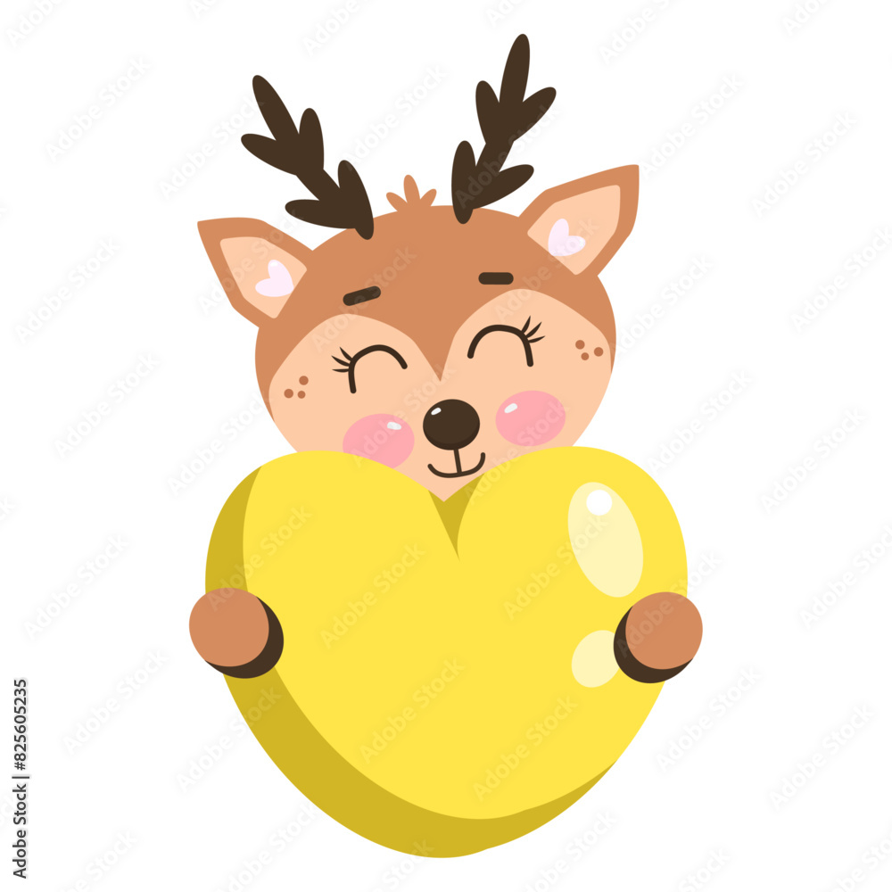 Cute sweet kawaii smiling brown christmas deer animal holding a yellow heart. Little animals in love. Illustration for baby, children, kids, girls, boys Cute sweet kawaii smiling brown christmas deer animal holding a yellow heart. Little animals in love. Illustration for baby, children, kids, girls, boys