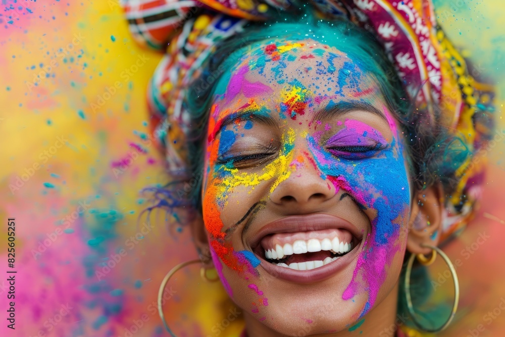 Vibrant closeup of a smiling woman's face covered in bright holi colors, expressing happiness and festivity