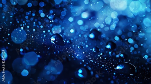 Macro close-up of glistening water droplets on a blue surface with bokeh effect in the background. Background with copy space.