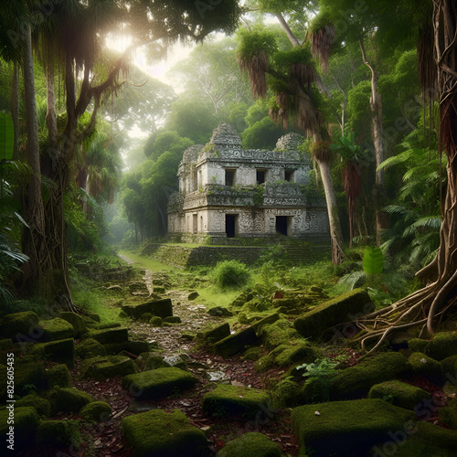 Ancient Mysterious Abandoned Overgrown Vegetation Lost Mayan Temple Complex Ruins Emerging from the Dense Hidden Jungle. Lost Place in Amazon Tropical Rain Forest. Fictional Landscape.Extinct Culture photo