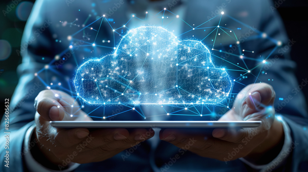 close-up of man holding device with augmented reality cloud storage for downloading, a digital service app, cyberspace close-up of man holding device with augmented reality cloud storage for downloading, a digital service app, cyberspace