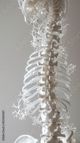 An intricate photograph of the human skeletal system, focusing on the spine and ribcage, against a white backdrop