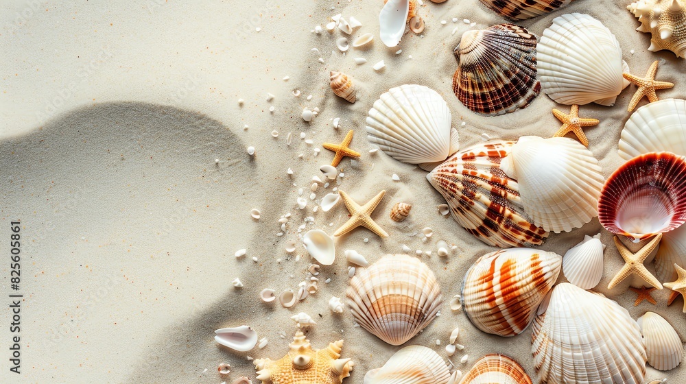 A close-up photograph of a sandy beach background adorned with a variety of colorful sea shells, with fine sand grains visible A close-up photograph of a sandy beach background adorned with a variety of colorful sea shells, with fine sand grains visible