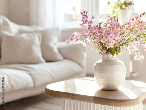 Pink flowers in vase as bouquet at coffee table in living room interior 
