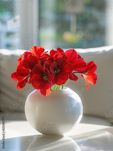 Red flowers in vase as bouquet at coffee table in living room interior 