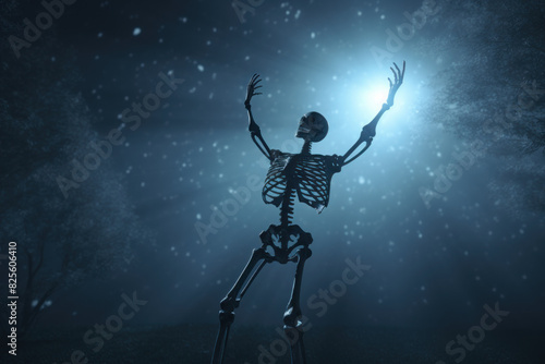 A skeleton joyfully reaches towards the moon in a mystical night scene filled with stars and wonder. © KirKam