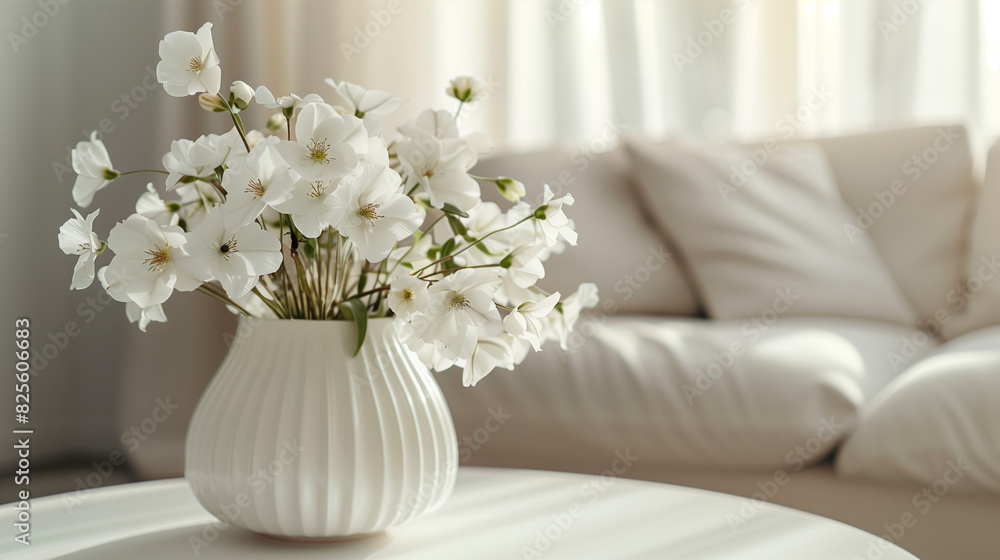 Flowers in vase as bouquet at coffee table in living room interior Flowers in vase as bouquet at coffee table in living room interior