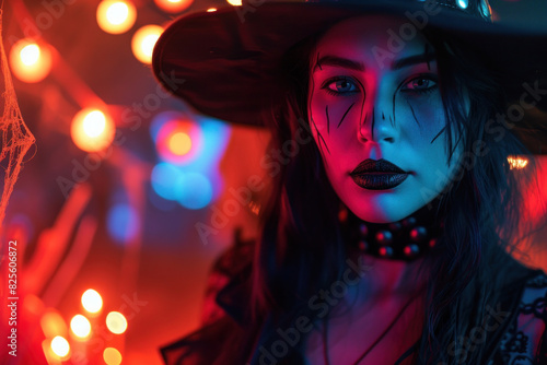 Mysterious woman in witch costume illuminated by colorful Halloween lights, exuding a haunting vibe.