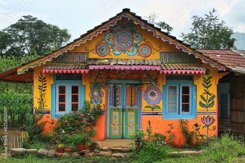Vibrant painted house with folk motifs in rural setting