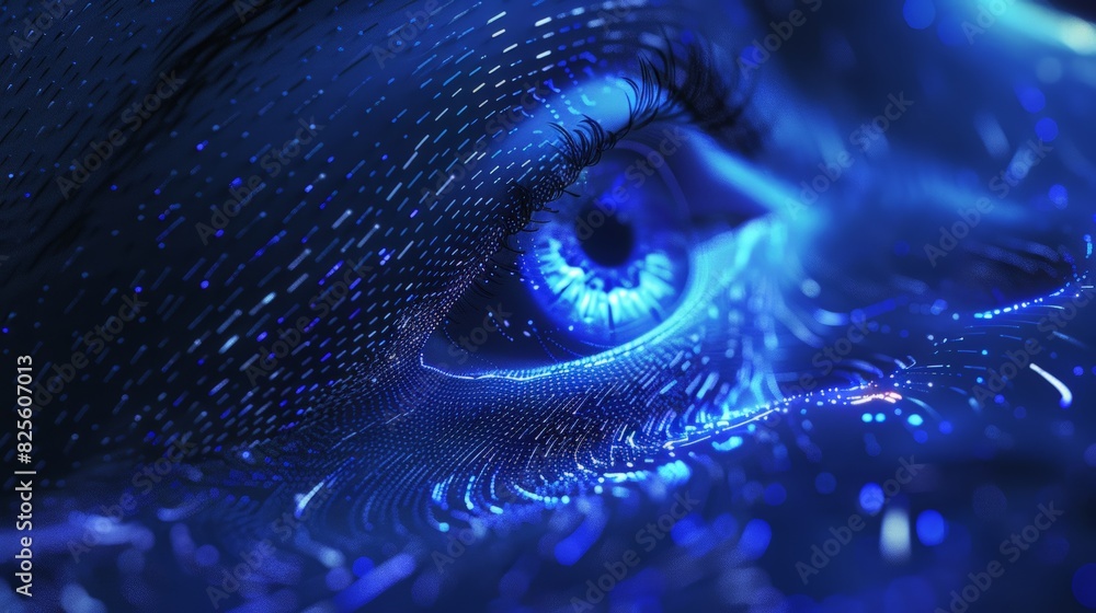 Abstract digital blue eye with swirling light patterns and pixelated details in vivid colors, shown in close-up Abstract digital blue eye with swirling light patterns and pixelated details in vivid colors, shown in close-up