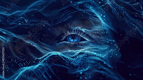 A captivating digital artwork of an eye enveloped in flowing, intricate light patterns and futuristic elements, background © zakiroff