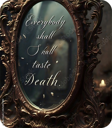 ornate mirrior with a soft warm glow surrounding it. On the mirror's surface , the text 