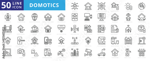 Domotics icon set with home, automation, system, control, lighting, climate, monitoring, entertainment and security.