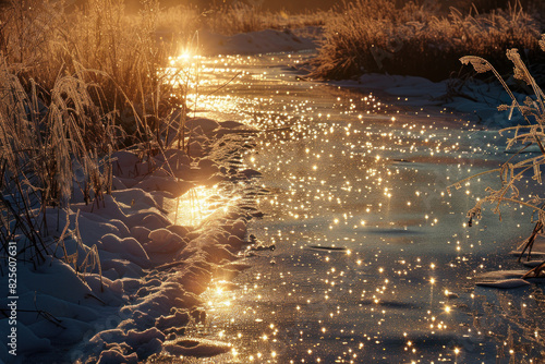 Golden sunlight reflecting on a frozen river at sunrise  creating a glittering  dreamy winter scene filled with sparkle and tranquility