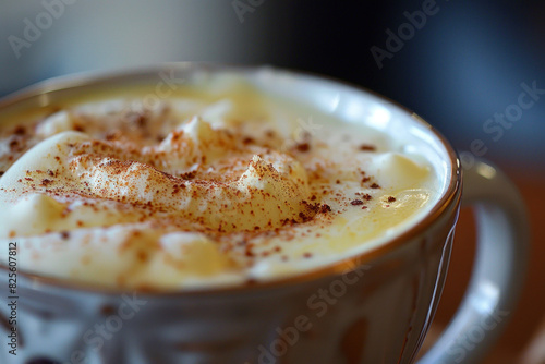 Inviting close-up of a steaming cup of coffee topped with whipped cream and a sprinkle of cinnamon  perfect for cozy winter mornings