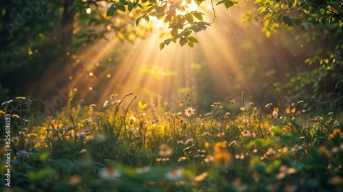 Sunset in the summer forest. Beautiful nature scene with sunbeams.