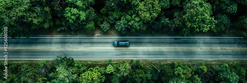A car cruises down a road surrounded by lush green trees in a forest setting. Generative AI