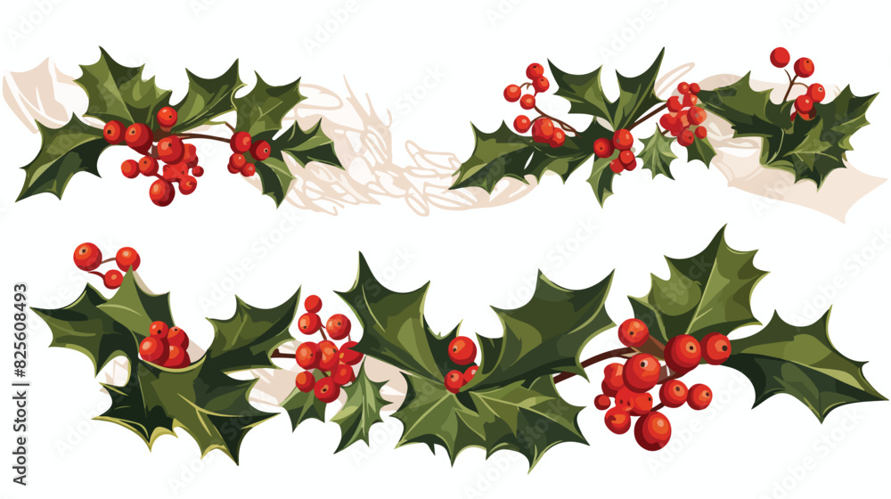 Set of Christmas holly leaves berries and mistletoe