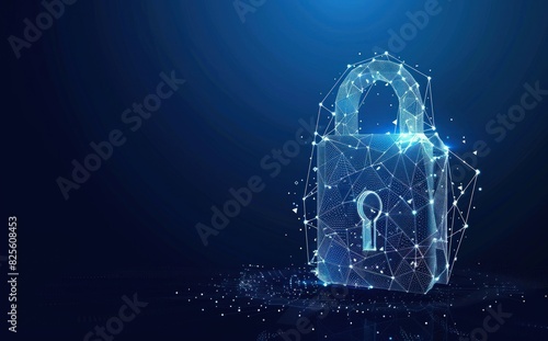 Illustrating a security concept, presenting a polygonal wireframe padlock symbol.