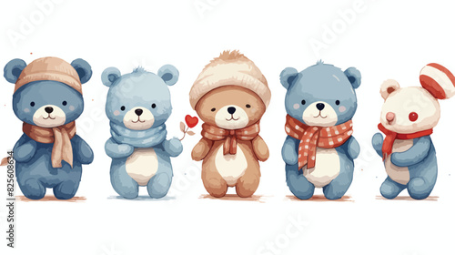 Set of colorful hand drawn teddy bears in blue hats