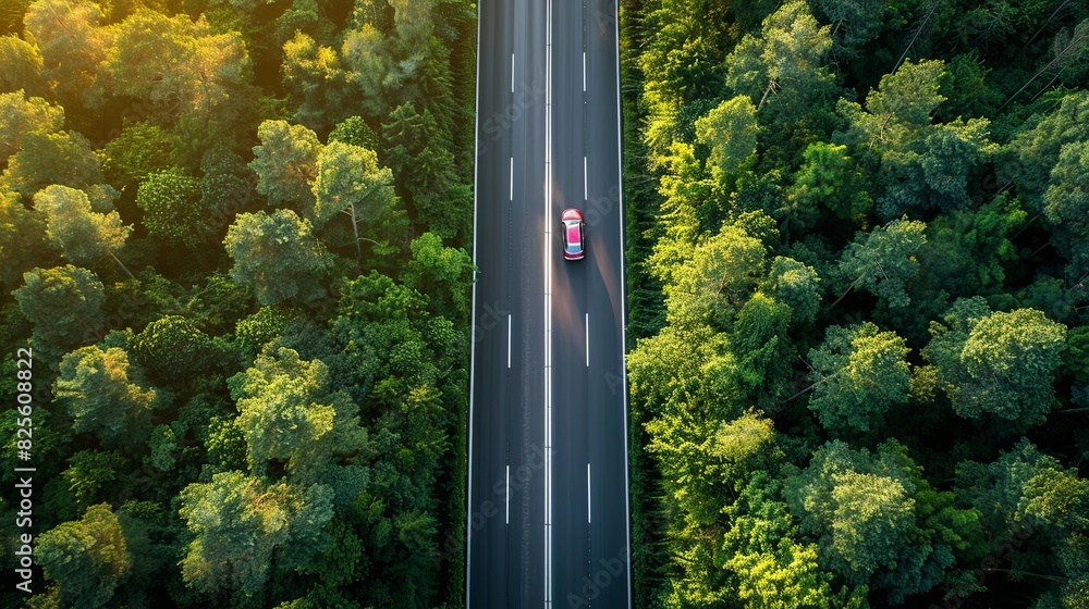 A single car driving down a long highway road surrounded by green trees in a forest. Generative AI A single car driving down a long highway road surrounded by green trees in a forest. Generative AI