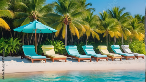 Comfortable beach chairs are placed in an area covered with tropical foliage. a relaxing vacation