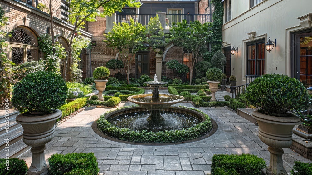 A peaceful garden courtyard with a bubbling fountain and manicured shrubs, creating a tranquil oasis in the city.