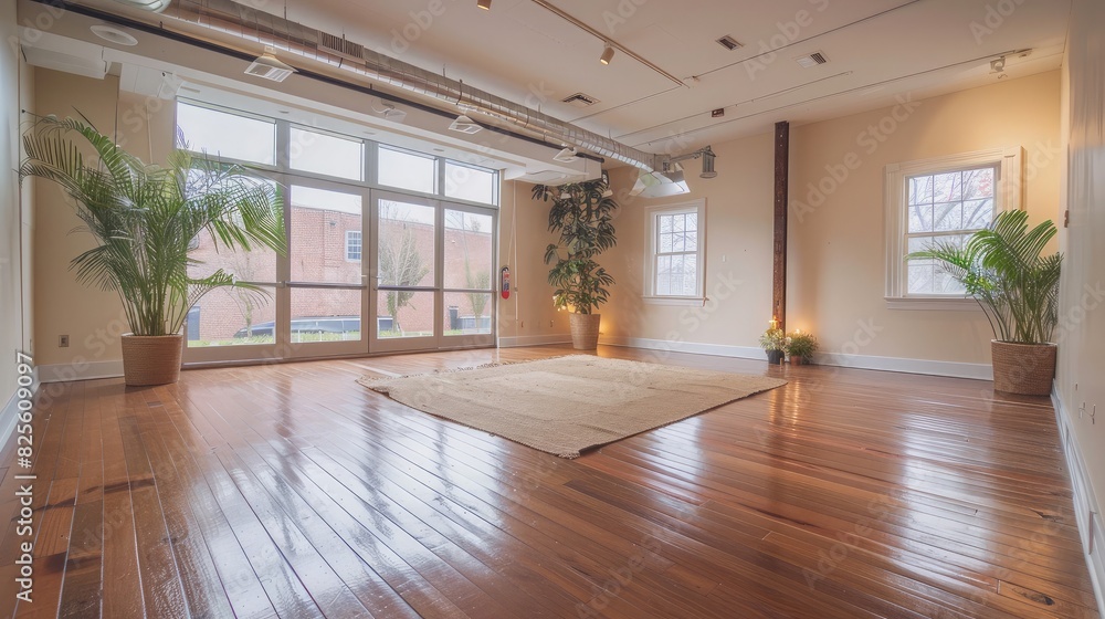 Fototapeta premium A peaceful yoga studio with hardwood floors and soft natural lighting, offering a space for inner peace and mindfulness.