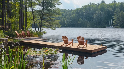 A peaceful lakeside retreat with a wooden dock and Adirondack chairs, offering a serene spot for relaxation. photo