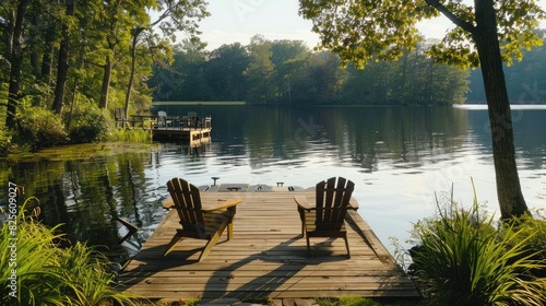 A peaceful lakeside retreat with a wooden dock and Adirondack chairs, offering a serene spot for relaxation. photo