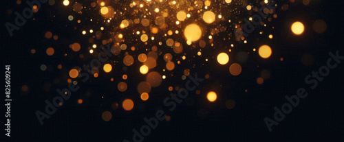 Gold funkelnde Partikel abstrakter Hintergrund. Weihnachtsgoldene Lichtglanzpartikel Bokeh auf marineblauem schwarzem Hintergrund. Urlaubskonzept. Abstrakter Hintergrund mit Goldpartikeln. photo