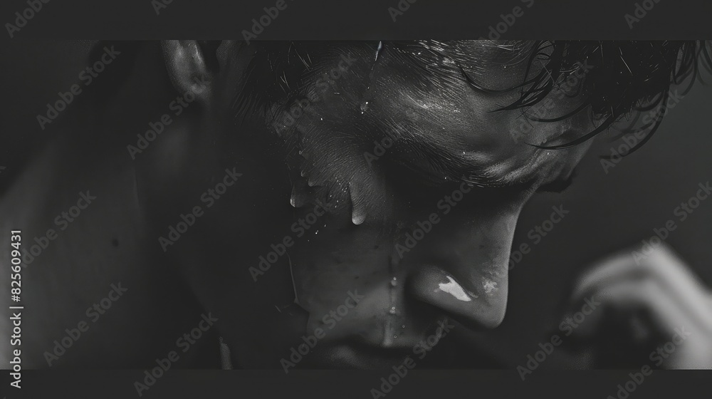 Obraz premium A person sitting alone, tears streaming down their face, expressing deep sadness and emotional pain.