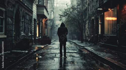 A person standing alone in a deserted alley, shoulders hunched, feeling the weight of sadness and isolation.