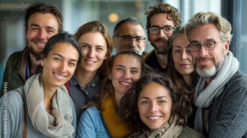 Lifestyle portrait of diverse young people smiling warmly in a cozy conference room, showcasing various cultures. Natural and positive private meeting with a close, intimate composition