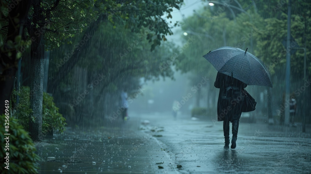 A person walking with an umbrella under a gentle rain, enjoying the serene ambiance of the rainy season.