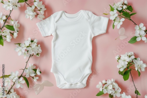White baby bodysuit on pink background with white flowers. photo