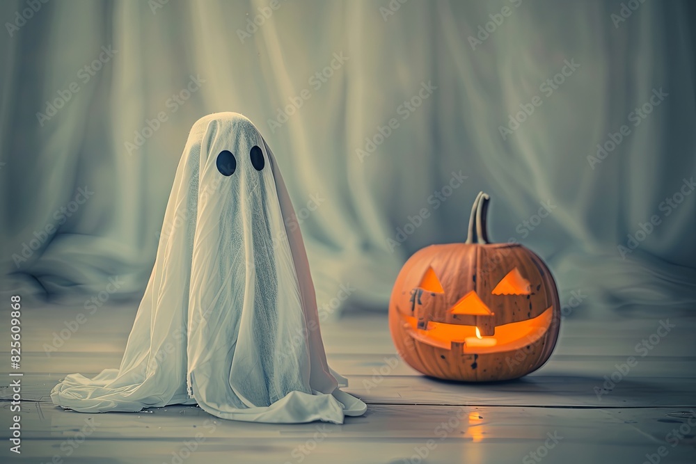 Spooky Halloween decorations in a cozy living room. Festive atmosphere with ghost and pumpkin. Spooky Halloween decorations in a cozy living room. Festive atmosphere with ghost and pumpkin.