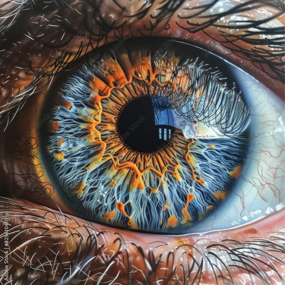 A detailed view of a blue human eye, showing intricate details such as the iris, pupil, and eyelashes.