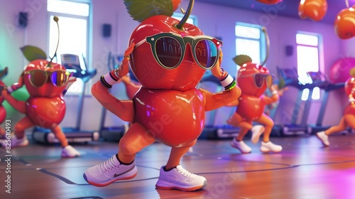 A 3D-rendered cherry character wearing vintage glasses, participating in a dance fitness class in a gym, promoting energy and rhythm. photo